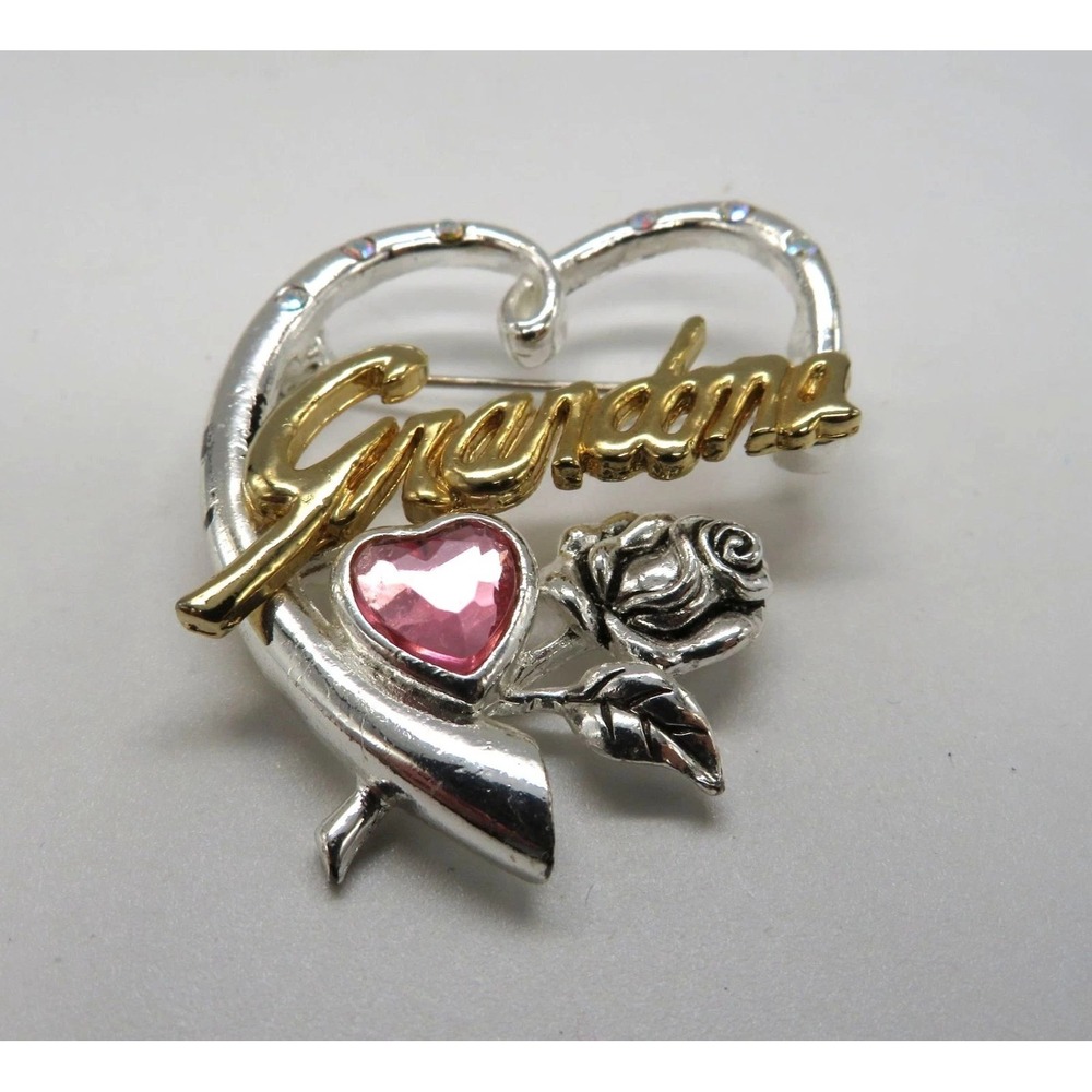 Grandma Heart Rose Brooch Pin Silver Gold Tone Pink Rhinestone Fashion Jewelry